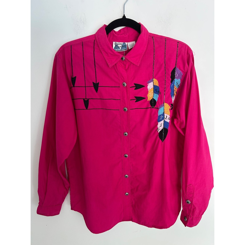 Blue Canyon Western Wear Hot Pink Embroidered Feather Arrow Cotton Shirt Medium